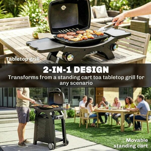 Bobobiy 2 Burner Gas Grill with 2 Side Tables, 3.8 KW Barbecue Grill with Cast Iron Grates, 2-in-1 Tabletop BBQ with Wheels