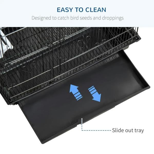 Black metal bird cage with slide-out bottom tray for easy cleaning