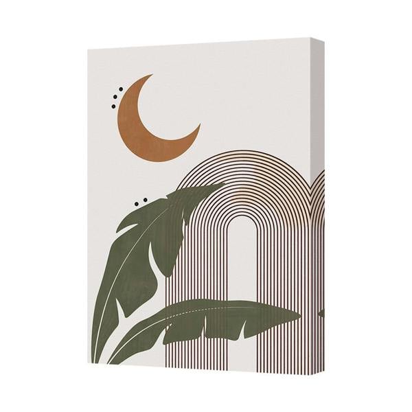 Benjamin Tate Design Abstract Moon And Rainbow Arch Tropical Canvas Wall Art With Banana Leaves