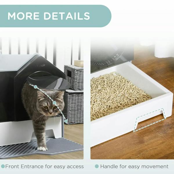 Grey enclosed cat litter box details: front entrance opening and side carrying handle.