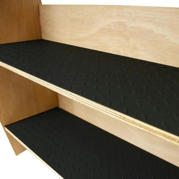 Ford Transit Custom toolbox van racking features durable wooden shelves with textured black rubber mats for secure storage and organization