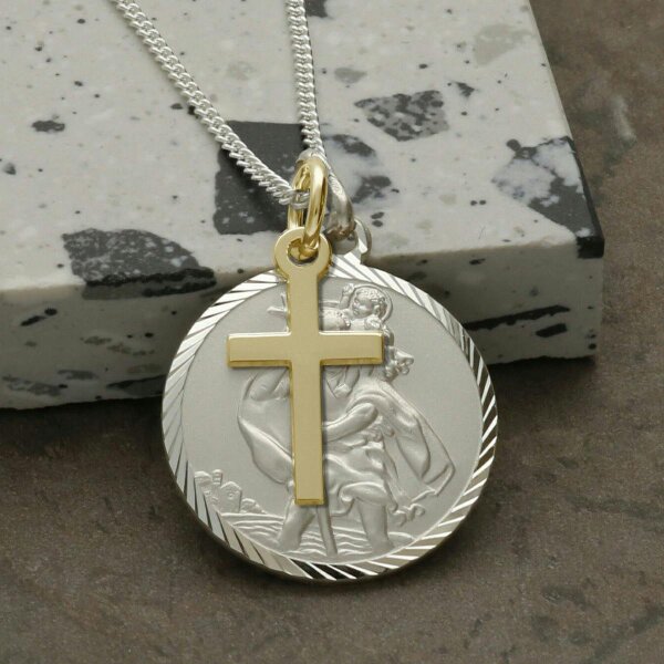 Christopher James of London Sterling Silver Diamond Cut 20mm St Christopher Pendant With Optional Engraving and Chain