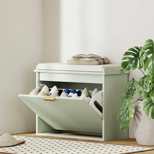 Wyld Haus Kalimba Wooden Green 6 Pair Shoe Bench With Cushioned Top