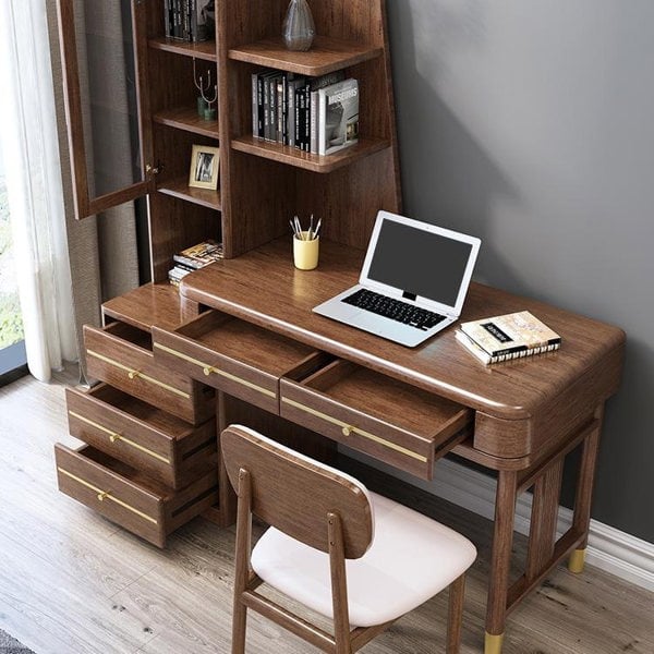 SK21 Office Desk With Side Storage, Rosewood & Gold-Weilai Concept-Weilai Concept