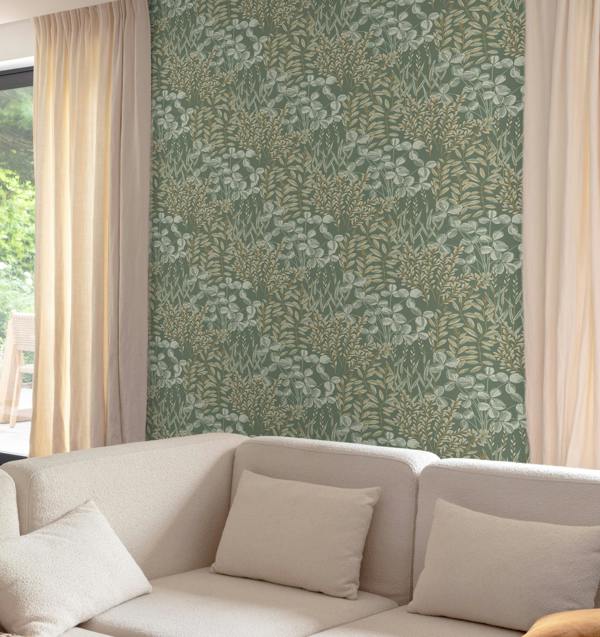 Grandeco Inia Stitched Embroidery Foliage Textured Wallpaper, Deep Sage