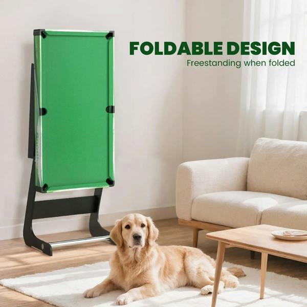 Foldable green mini pool table set panel, standing upright when folded
