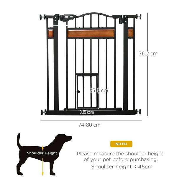 Black pet safety gate with cat flap and auto-close, shown with width and height dimensions