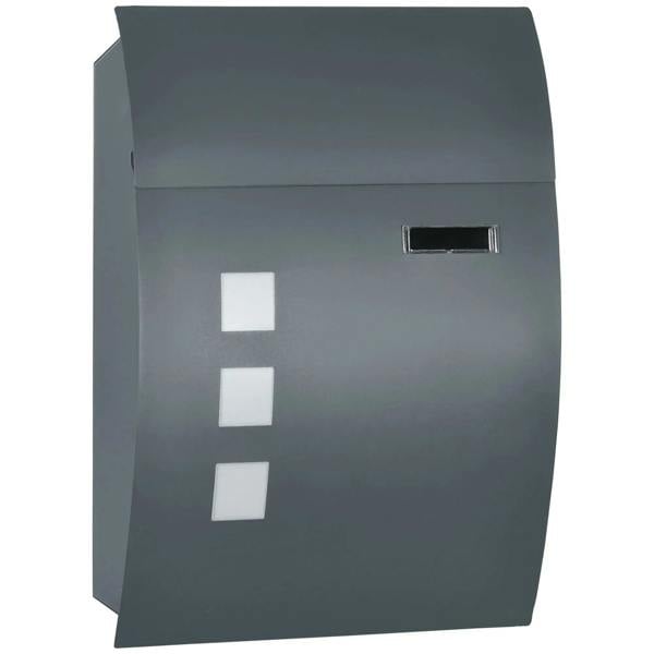 Wall-mounted letter box in anthracite gray with front mail slot and frosted address windows