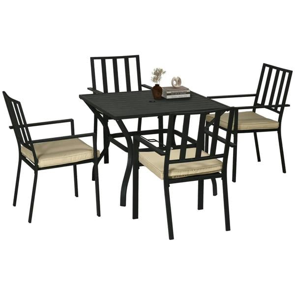 5-piece outdoor dining set with black metal table and 4 stackable chairs, beige seat cushions