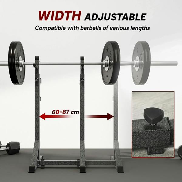 Width-adjustable squat rack with adjustable uprights and barbell plate storage pegs