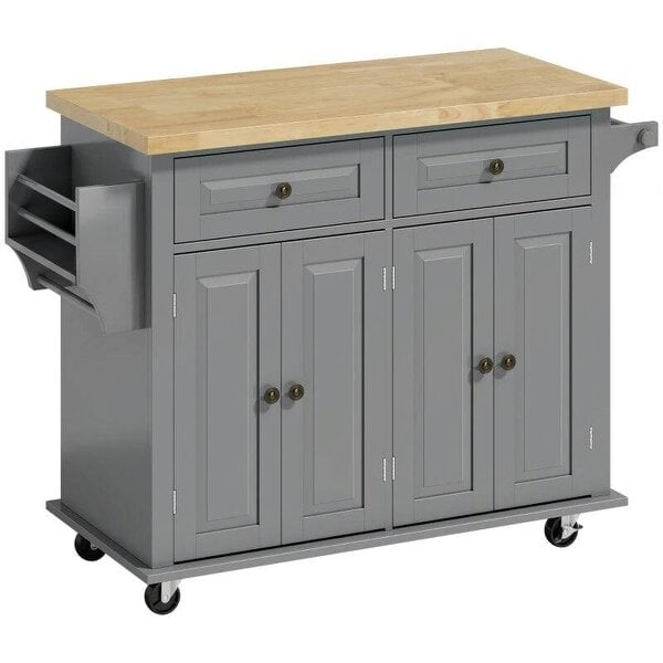 Kitchen Island on Wheels, Rolling Kitchen Trolley with Rubberwood Top, 2 Drawers, Adjustable Shelves, Grey