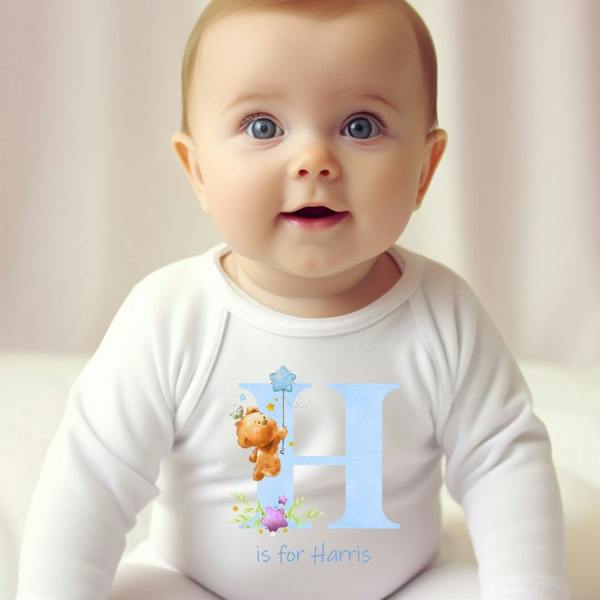 Personalised Blue Initial Teddy Baby Grow, Vest or Bib with Name
