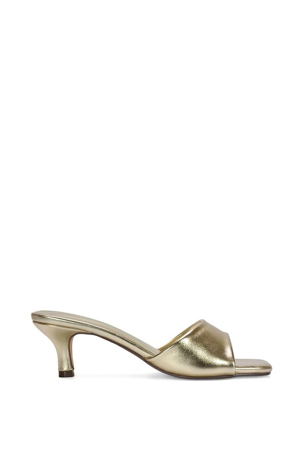 XY LONDON Square Toe Stiletto Kitten Heel Mule Sandals - Gold