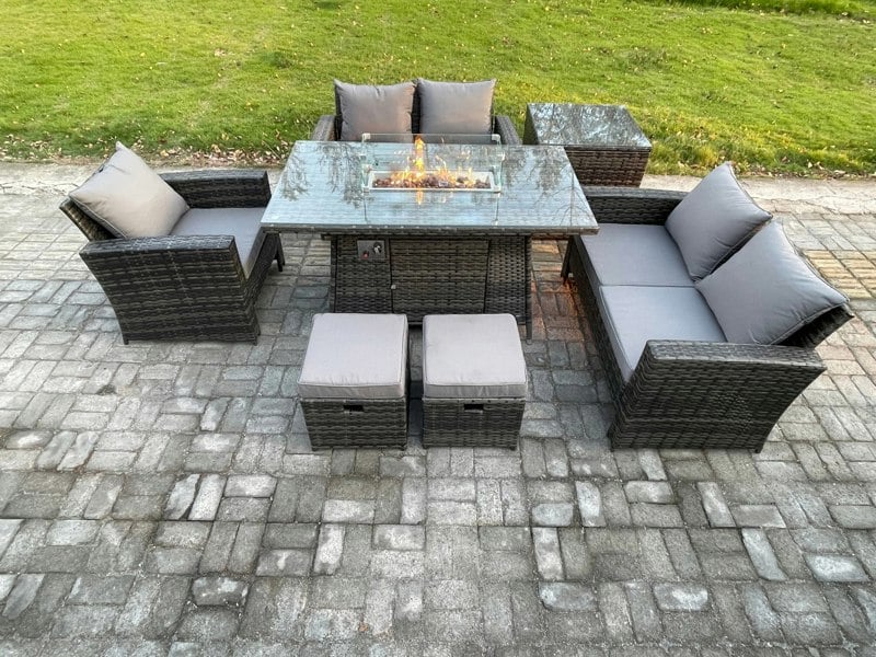 Fimous 7-Seater Rattan Outdoor Gas Fire Pit Set | Gas Heater, Loveseat, Armchair, Side Table, 2 Footstools | Dark Grey