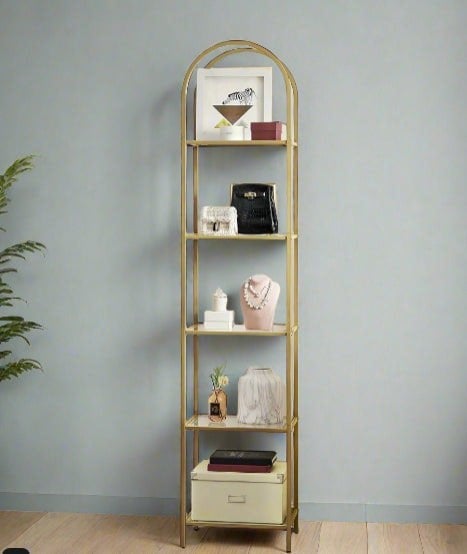 Modcraft 5-Tier Tempered Glass Shelf Unit, Arched Display Rack, Metallic Gold Frame 183.5 cm