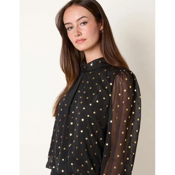Blue Vanilla Metallic Polka Dot Puff Ball Blouse