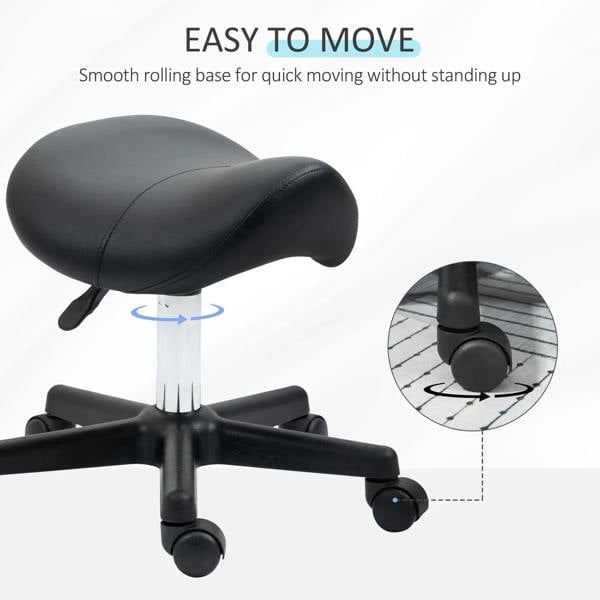 Black saddle stool with padded PU seat and smooth-rolling casters on a five-star base