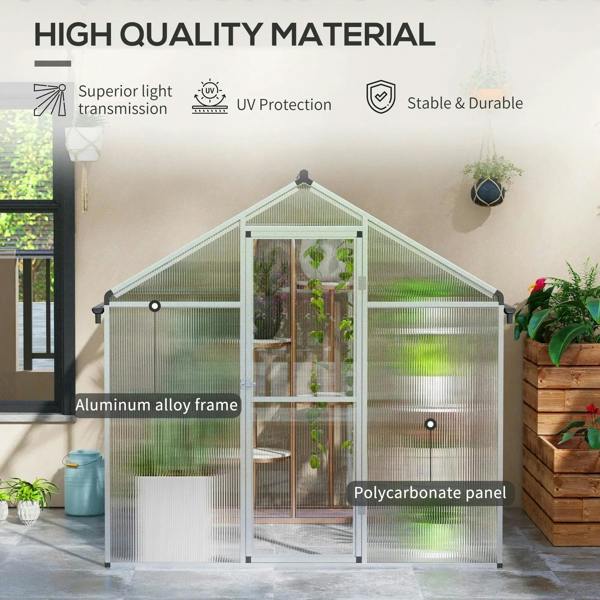Aluminium alloy greenhouse frame with clear polycarbonate panels and front door.