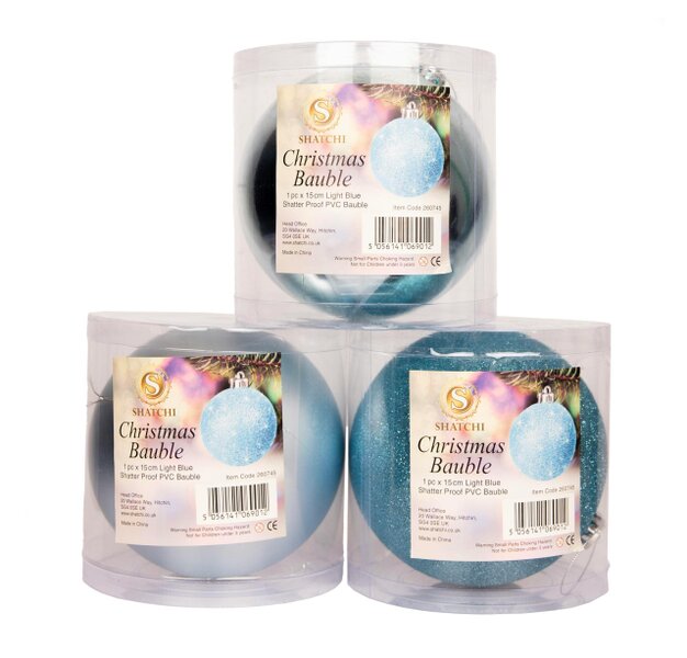 Shatchi 15cm Christmas Baubles Shatterproof Light Blue Set of 3 Tree Decorations
