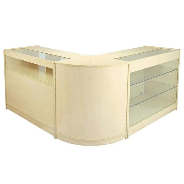 Pisces Maple Shop Counter & Retail Display Set in light maple finish, featuring glass display shelves and a sleek, modern design
