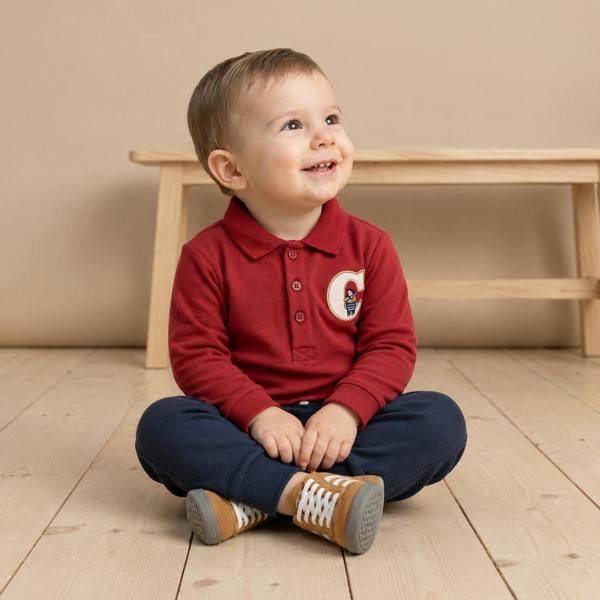 Mini Cuddles Baby Boys Cotton Embroidered Polo T-Shirt and Joggers Set Casual Wear, Burgundy and Navy Blue