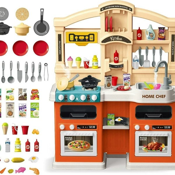 deAO Toys Kids Kitchen Playset with Sound, Lights, Steam Boil Effects Pretend Play Kitchen Set Role Play Toys with Kitchen Accessories