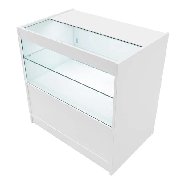 White Europa LED shop counter set featuring sleek glass shelves, modern design, and bright interior lighting for product display
