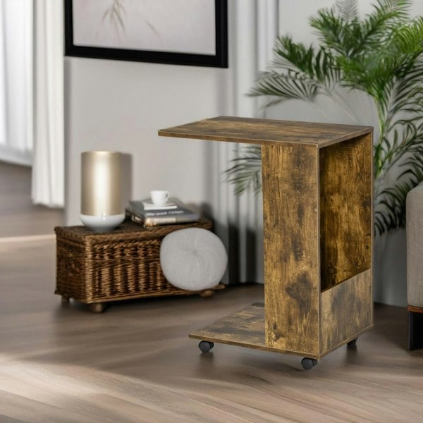 Rafaelo Mobilia Industrial Brown C Shaped Side Table With Storage & Wheels