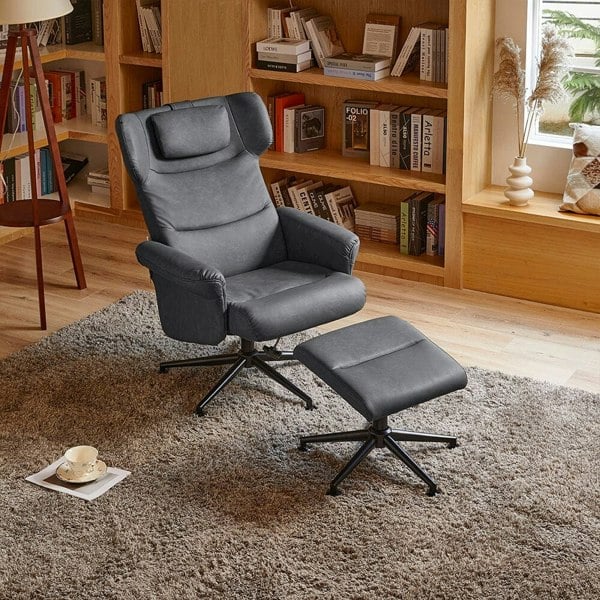Black/Grey/Brown Faux Leather Swivel?Armchair with Footstool Living and Home Grey