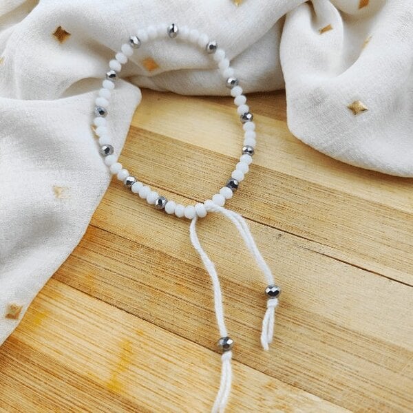 The Colourful Aura White Crystal Silver Slim Beads Adjustable Elegant Daily Handmade Bracelet