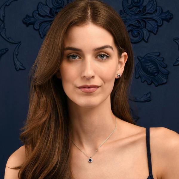 namana 925 Sterling Silver Blue Cubic Zirconia Round Halo Pendant Necklace