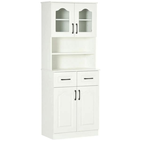 White freestanding kitchen cabinet with top shelves, two drawers, and two lower doors