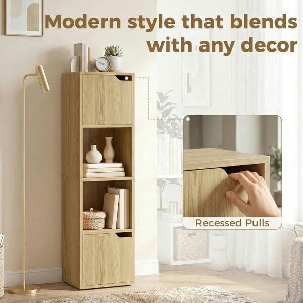 Narrow Bookcase, 4-Tier Bookshelf, Storage Cabinet with doors for Living Room, Bedroom, Oak