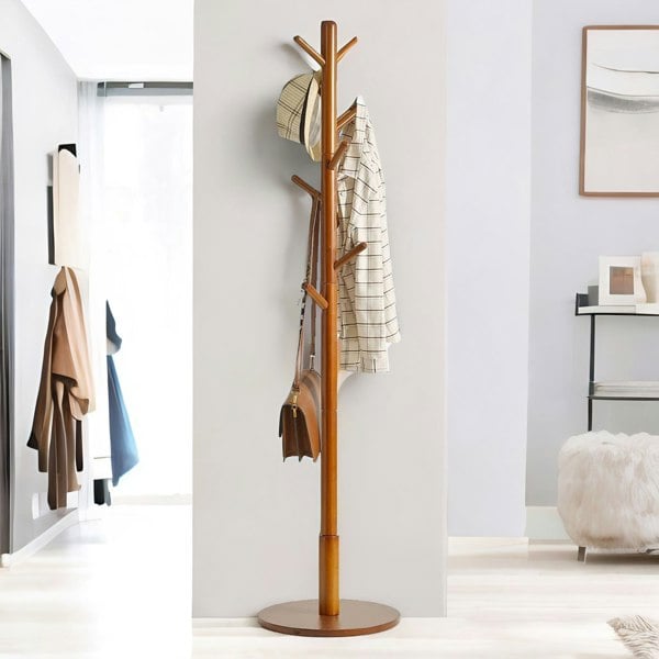 Rafaelo Mobilia Adjustable Wooden 8 Hook Coat Stand With Round Base