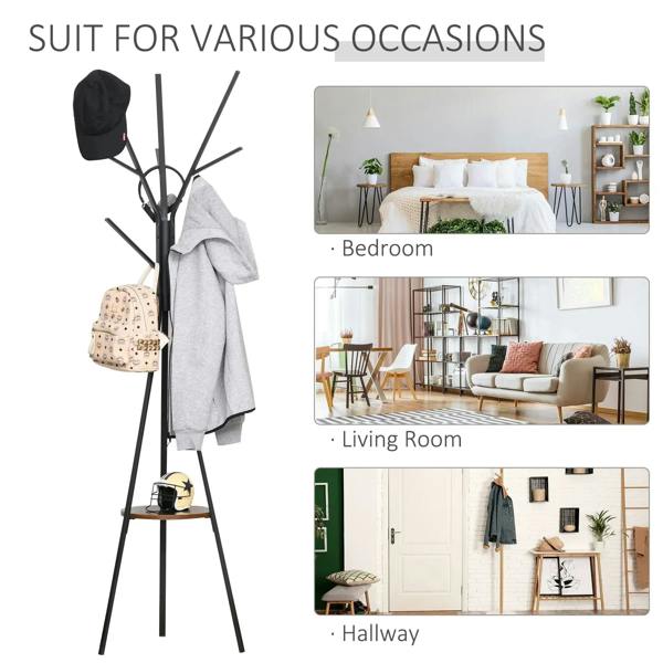 Black metal coat rack stand with hooks and round shelf for hallway, living room, or bedroom