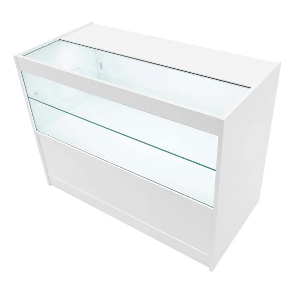White Selene LED shop counter set with glass display shelves, sleek design, and modern finish, ideal for retail environments