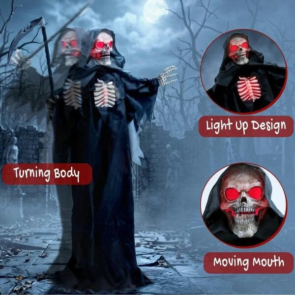 Bobobiy 170cm Life Size Animated Grim Reaper Halloween Decoration, Scary Halloween Animatronics Decor with Sound Touch Activated