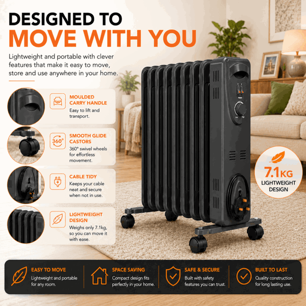 MYLEK Oil Filled Radiator 2000W Portable Heater Thermostat 3 Heat Settings Grey