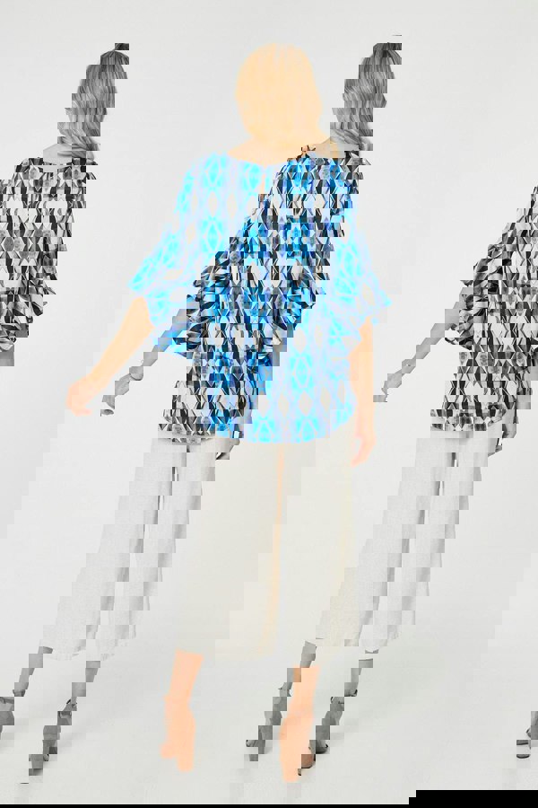 Blue | Geo Print 3/4 Flute Sleeve Curve Hem Blouse