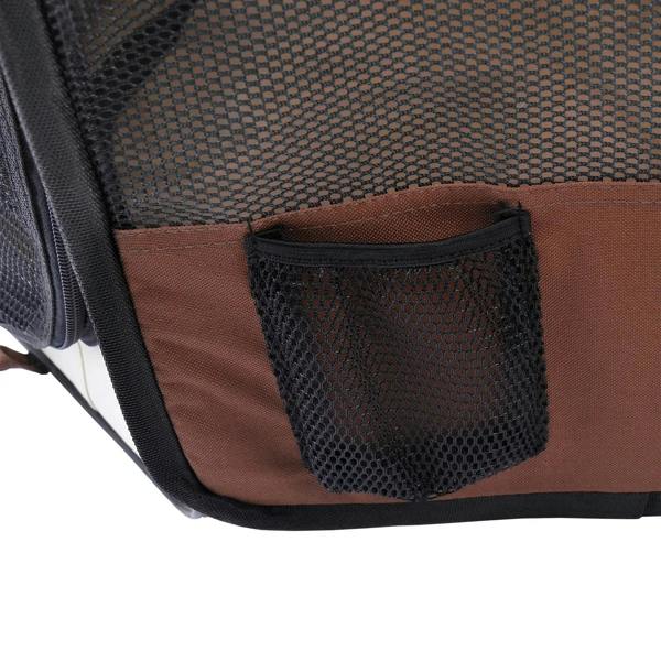 Portable pet playpen lower side mesh pocket attached to brown fabric panel.