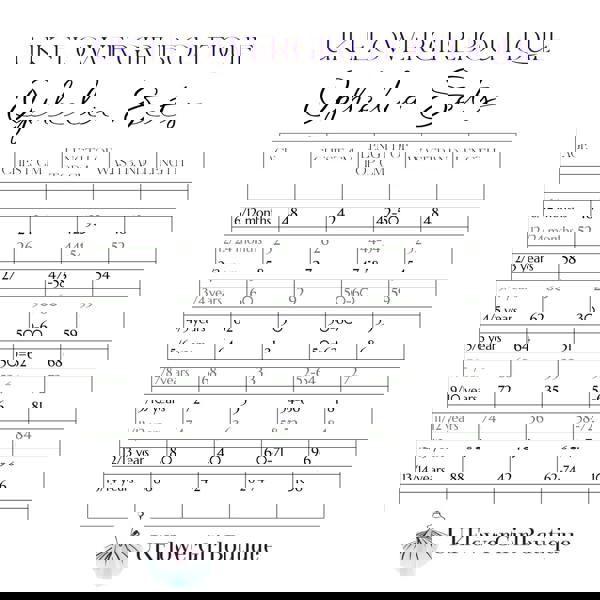 Measurement chart for 'Ophelia Sets' by UK Flower Girl Boutique with age, chest, length, waistband, and length measurements.