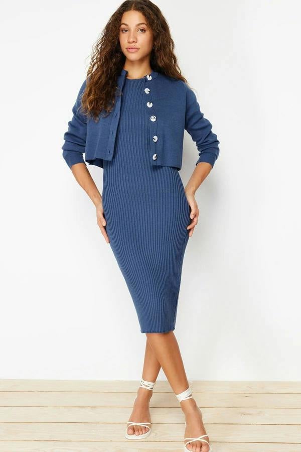 Hoxton Gal 2-Piece Midi Knit Basic Dress with Cardigan