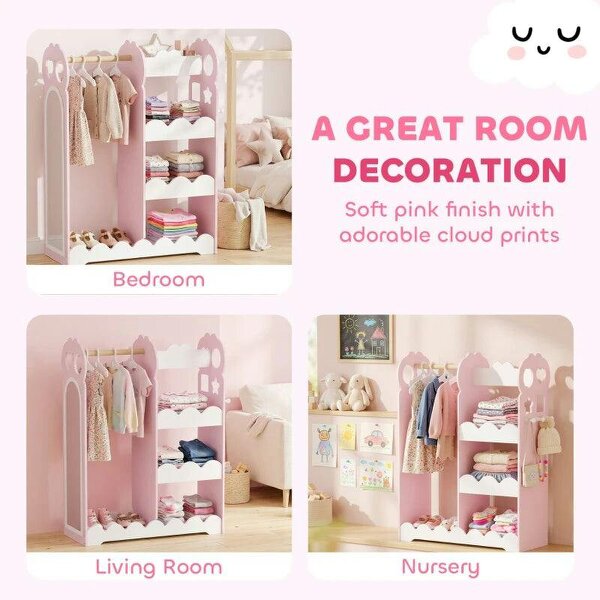 Kids Wardrobe, Children Dress Up Storage with Mirror, Clothes Rail, Shelves, Hangers for Girls Boys Bedroom Nursery Pink