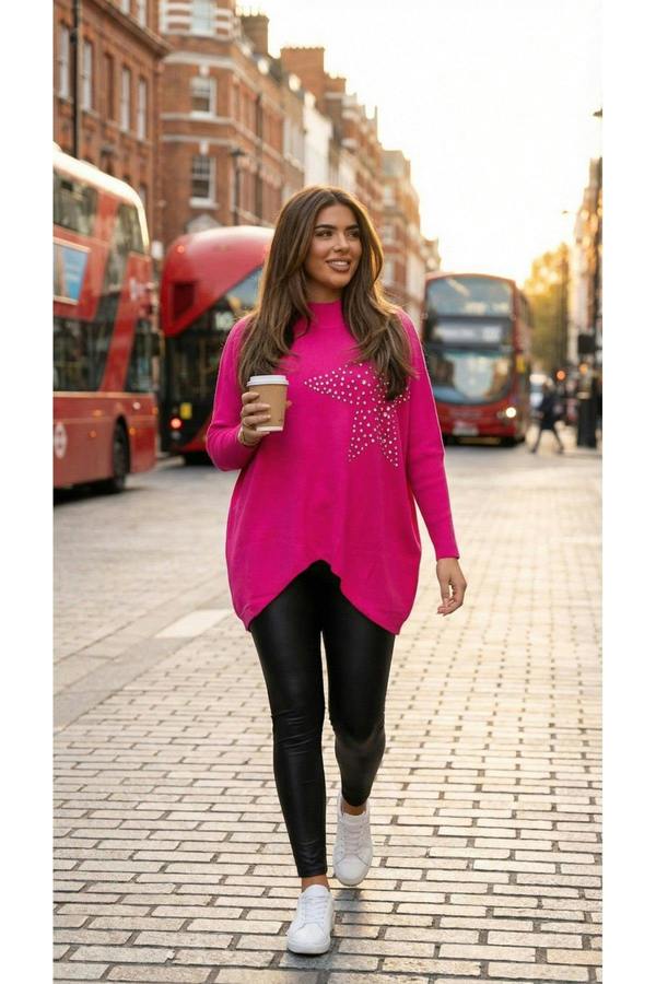 Jaira Oversized Knitted Jumper With Studded Star Detail - Pink