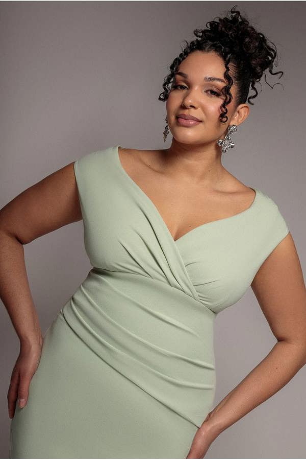 Goddiva Plus Bardot Pleated Midi Dress- Sage Green by Goddiva Plus