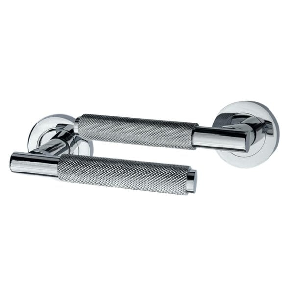 EDH Door Hardware Polished Chrome Knurled Door Handles on Round Rose – Modern Internal Lever Latch Handles