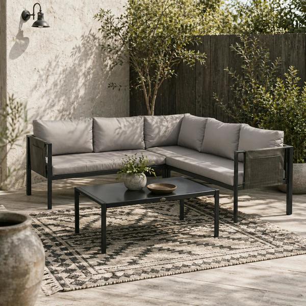 Wyld Haus Sera 5 Seater Light Grey Garden Corner Sofa Set L Shape with Glass Top Coffee Table