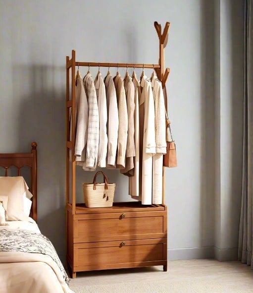 Modcraft Heavy Duty Bamboo Clothes Rail Rack with Drawers & Hooks – Open Corner Garment Stand Wardrobe
