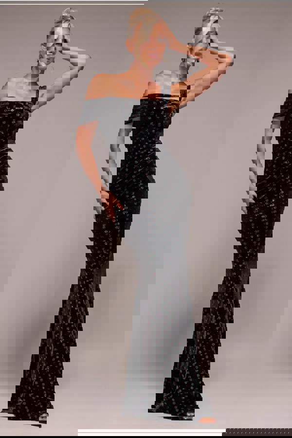 Glitter Polka Dot Velvet One Shoulder Maxi Dress - Black DR4646