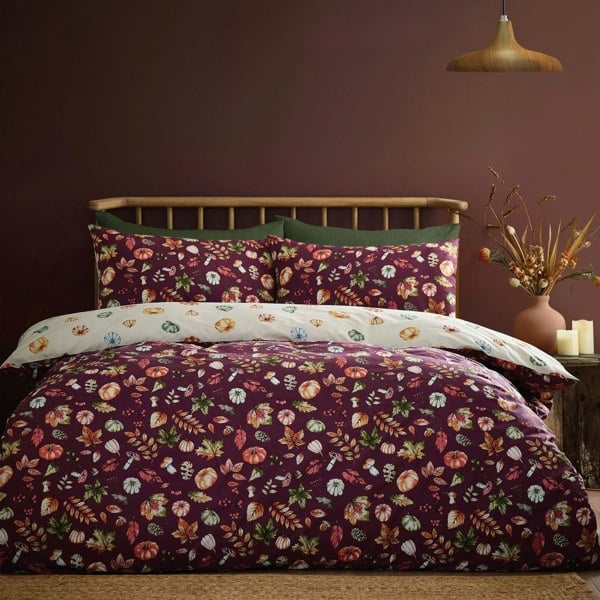 Catherine Lansfield Autumn Pumpkins Reversible Duvet Cover Set Plum